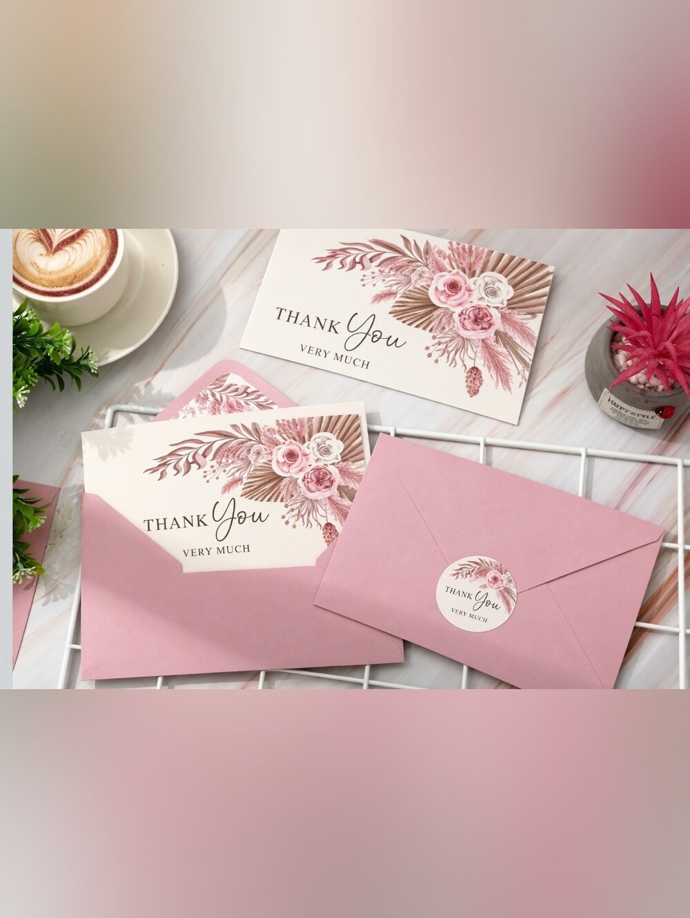 36 Pink Floral Roses Thank You Cards And Stickers